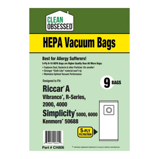 Clean Obsessed Riccar Type A HEPA Vacuum Bags - 9 Pack